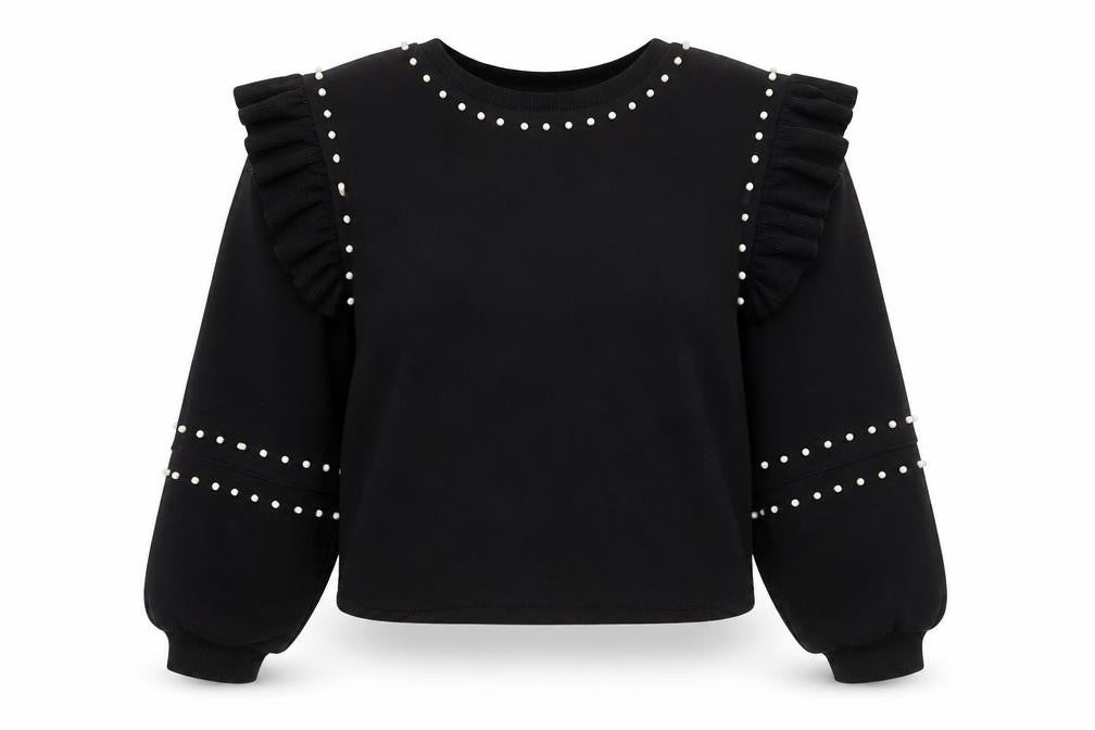 Front view of Zara Women’s Black Pearl Studded Ruffle jumper, size M