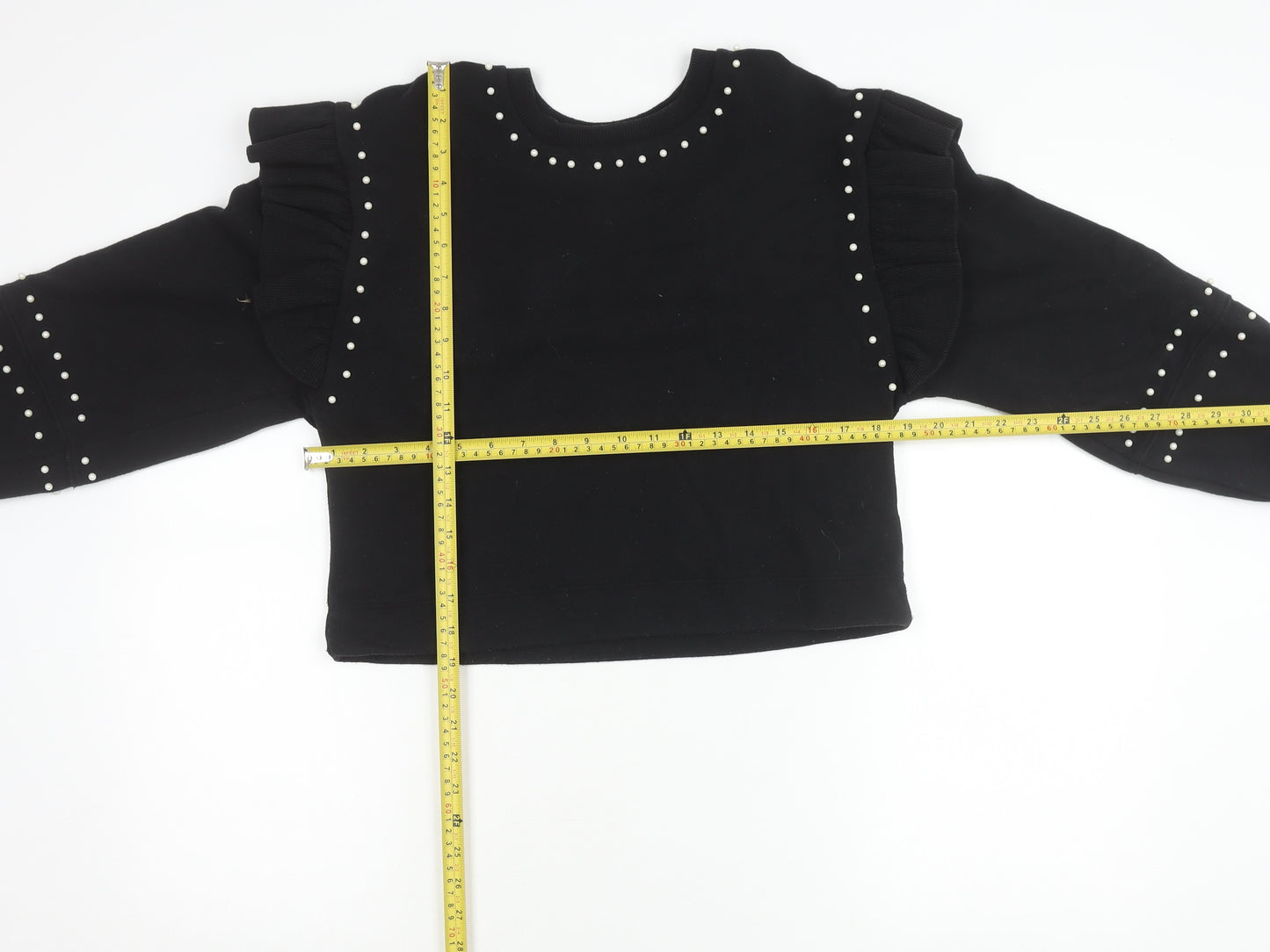 Zara Women’s Black Pearl Studded Ruffle Pullover Jumper Size M