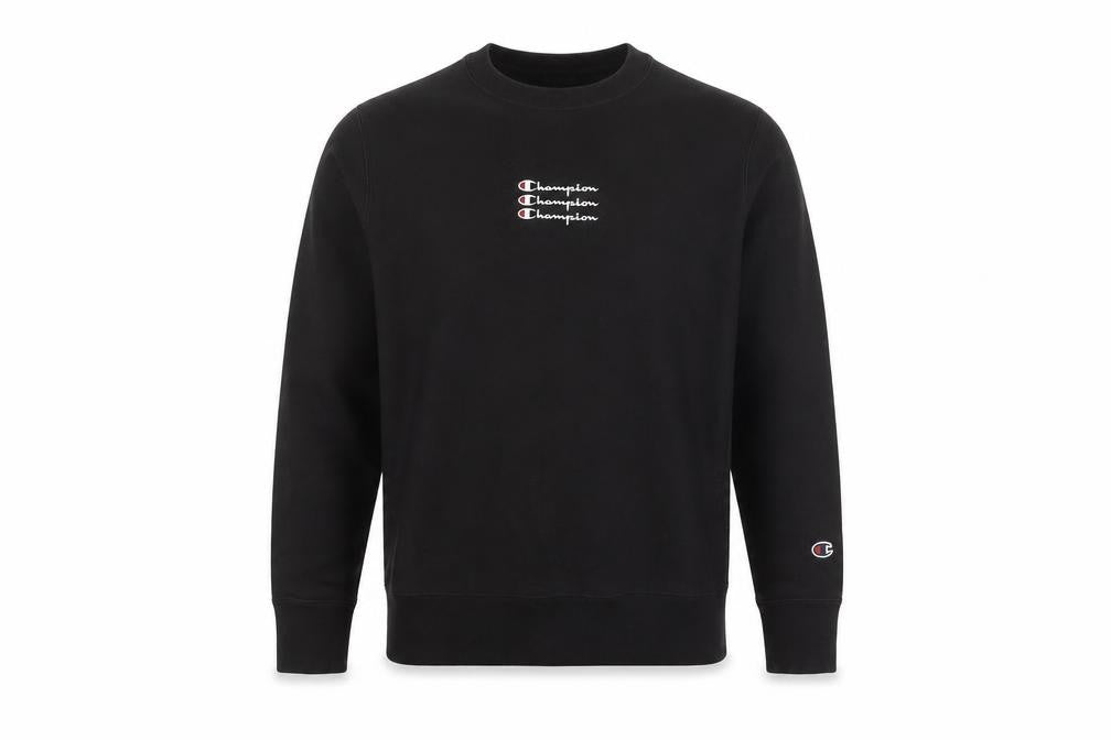 Front view of Champion Men's Black Small Pullover Sweatshirt Crew Neck Logo