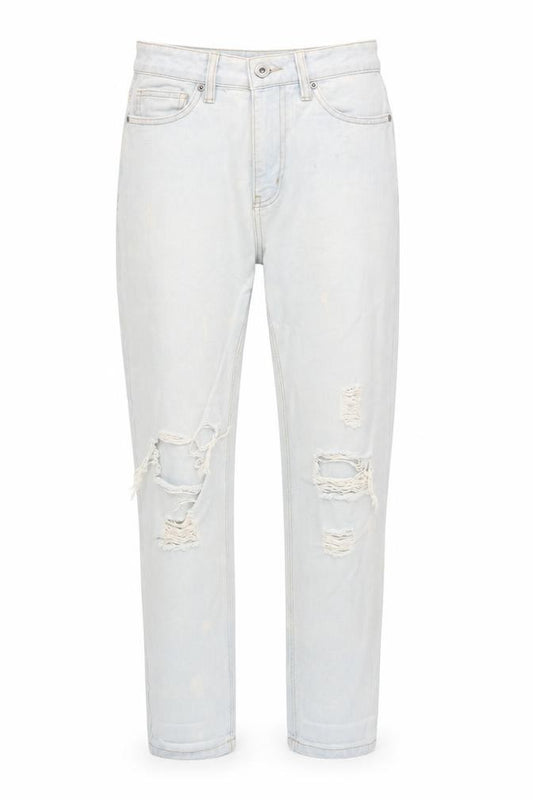 Front view of Boohoo Women’s Blue Mom Jeans UK 8 Distressed Light Wash