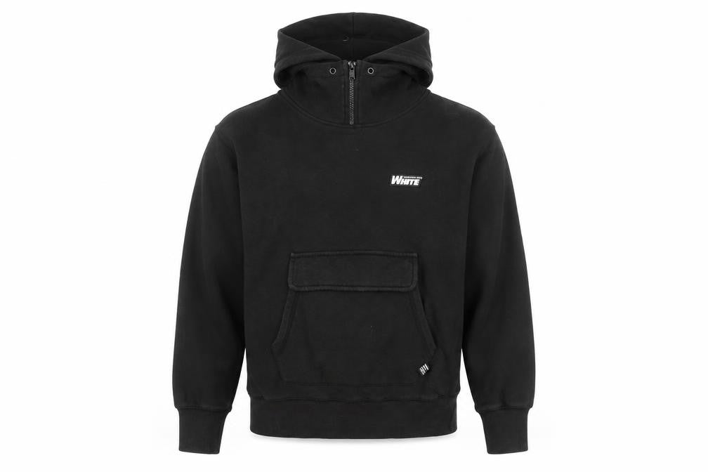 Front view of Chocolate men’s black small pullover hoodie graphic print 1/2 zip