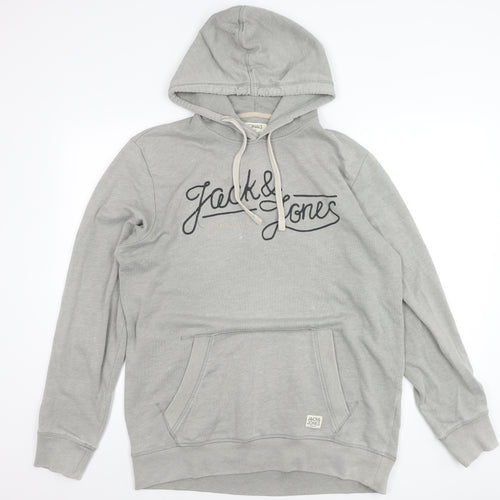Jack & Jones Mens Grey XL Pullover Hoodie Logo Graphic Sweatshirt