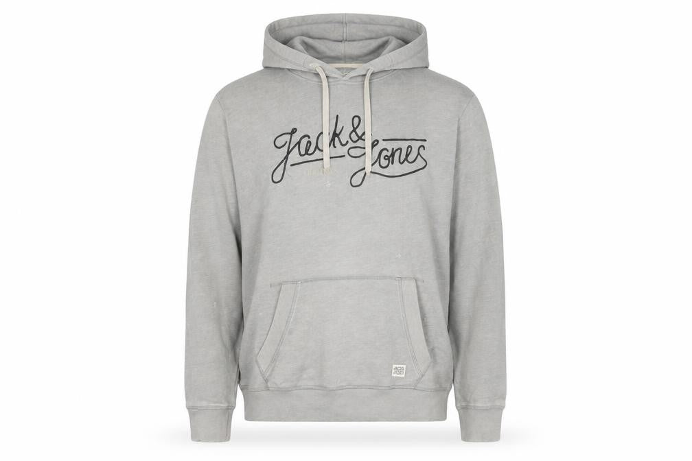 Front view of Jack & Jones men’s grey xl pullover hoodie logo graphic sweatshirt