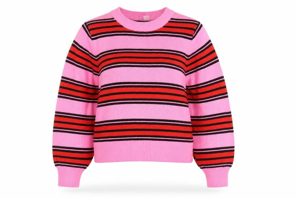 Front view of H&M Women’s Pink Striped jumper, size L, Acrylic Knit