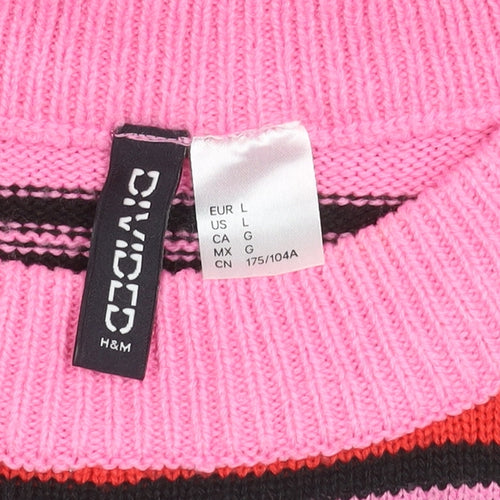 H&M Women’s Pink Striped Pullover Jumper Size L Acrylic Knit