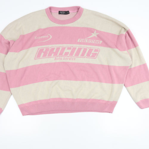 boohooMAN Men’s Pink Beige XL Striped Racing Pullover Jumper
