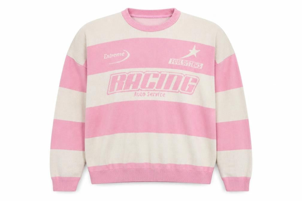 Front view of boohooMAN Men’s Pink Beige XL Striped Racing jumper