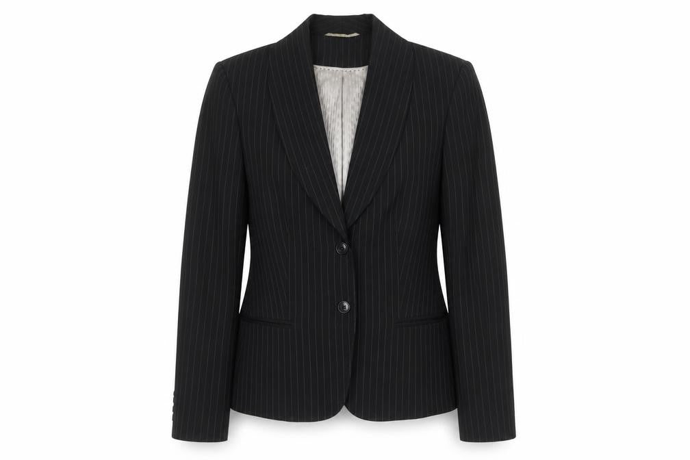 Front view of Austin Reed Women Black Pinstripe Suit Jacket, size 14, Wool Blend