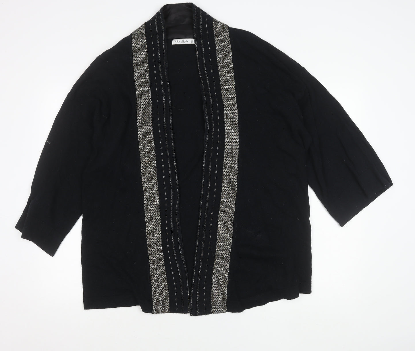 Zara Women Black Cardigan Size 12 Knit Open Front 3/4 Sleeve