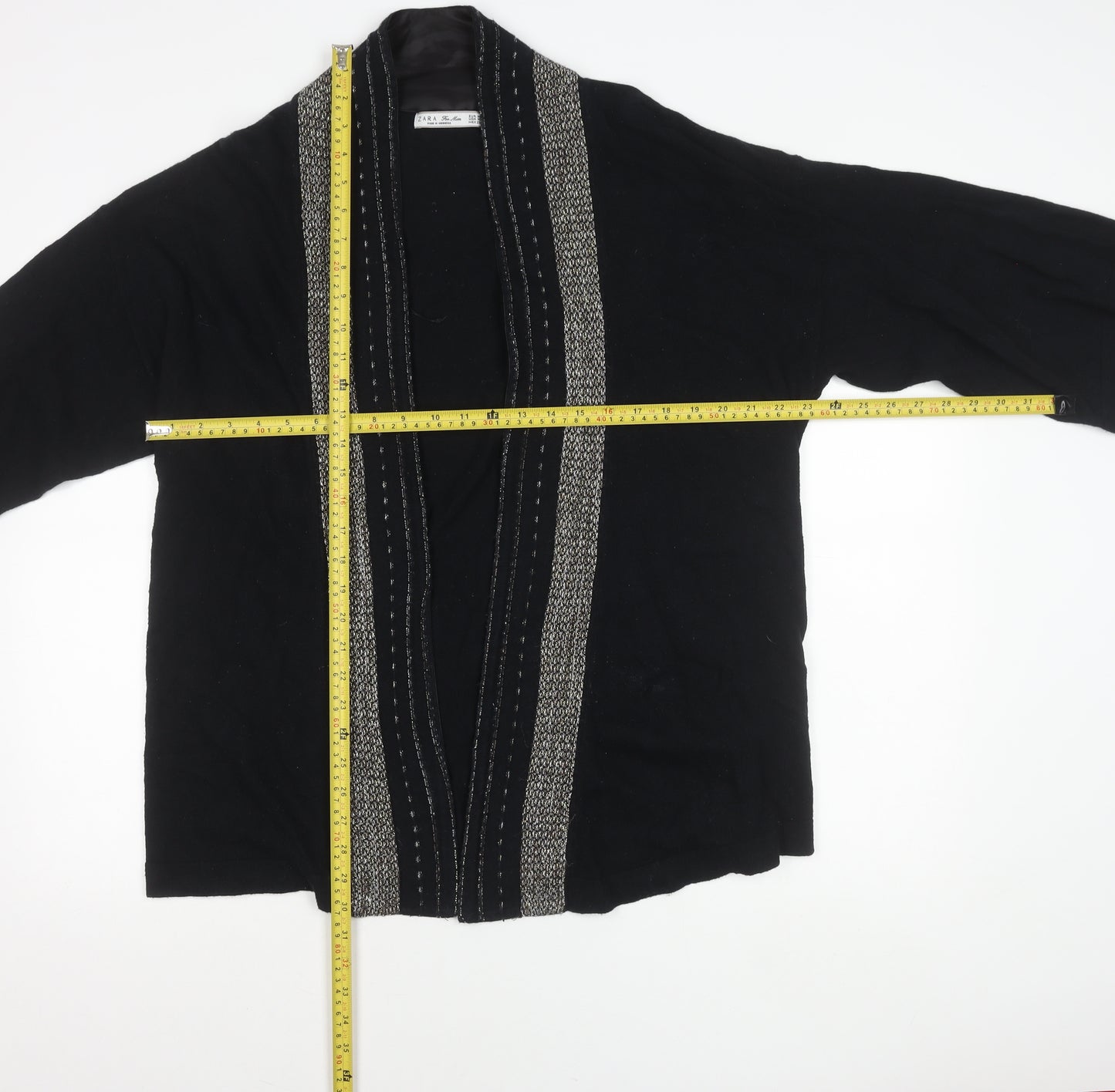 Zara Women Black Cardigan Size 12 Knit Open Front 3/4 Sleeve