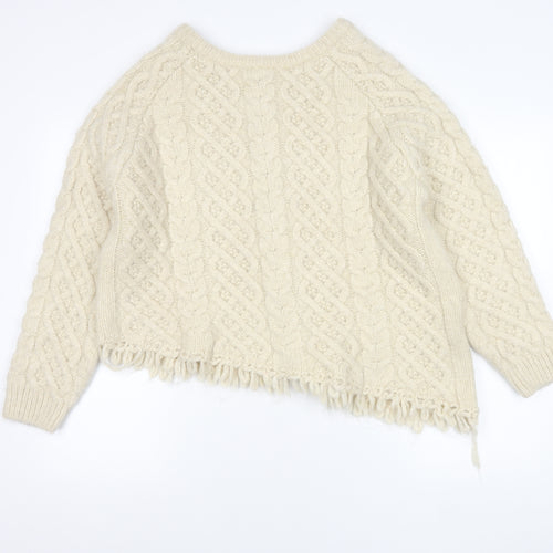 Zara Women Ivory Cable Knit Cardigan M Long Sleeve Crew Neck Fringed