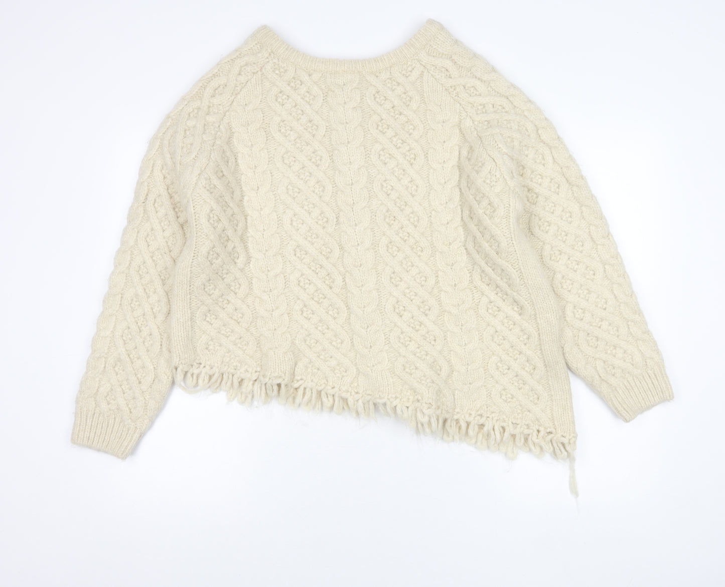 Zara Women Ivory Cable Knit Cardigan M Long Sleeve Crew Neck Fringed
