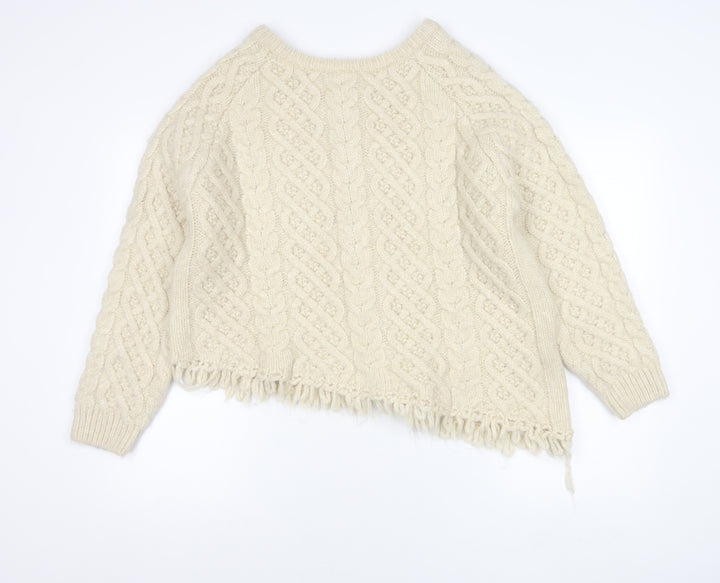Zara Women Ivory Cable Knit Cardigan M Long Sleeve Crew Neck Fringed