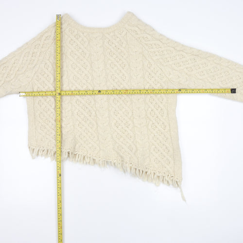 Zara Women Ivory Cable Knit Cardigan M Long Sleeve Crew Neck Fringed