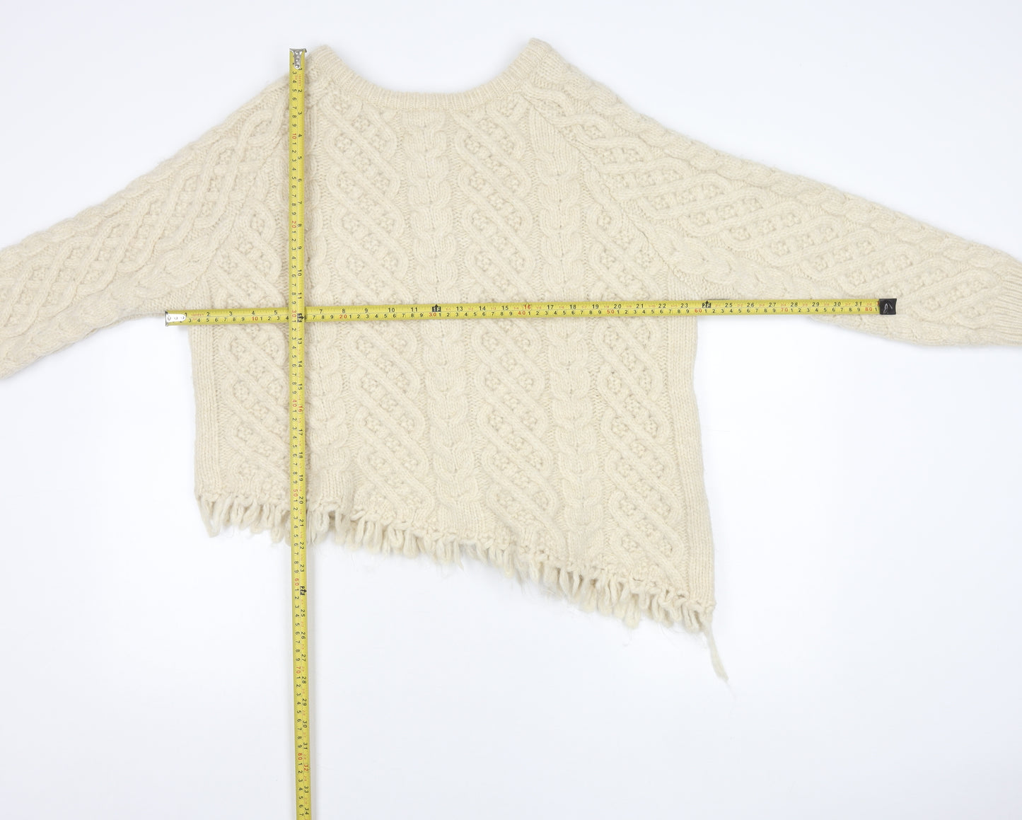 Zara Women Ivory Cable Knit Cardigan M Long Sleeve Crew Neck Fringed