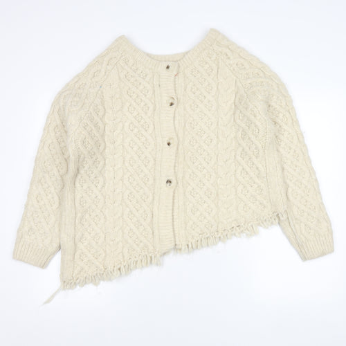 Zara Women Ivory Cable Knit Cardigan M Long Sleeve Crew Neck Fringed