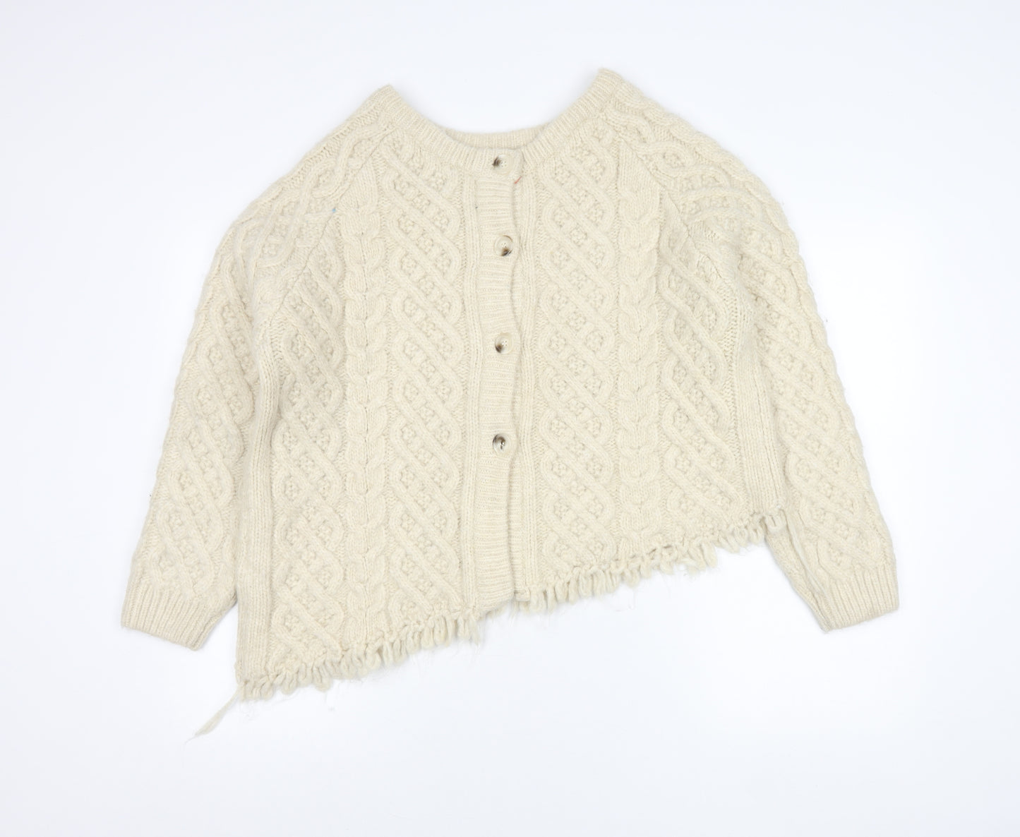 Zara Women Ivory Cable Knit Cardigan M Long Sleeve Crew Neck Fringed