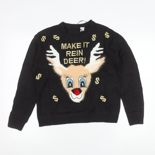 H&M Women Black XS Pullover Christmas Jumper Reindeer Embroidered