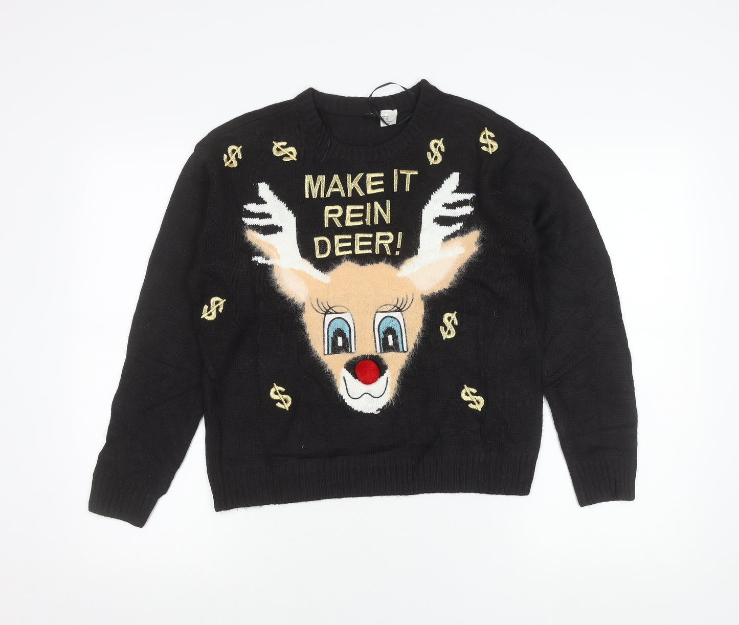 H&M Women Black XS Pullover Christmas Jumper Reindeer Embroidered