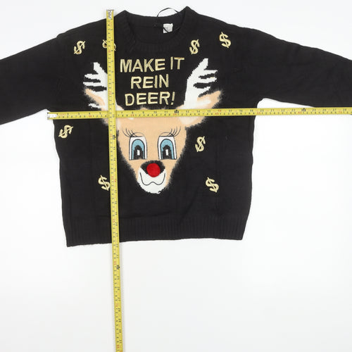 H&M Women Black XS Pullover Christmas Jumper Reindeer Embroidered