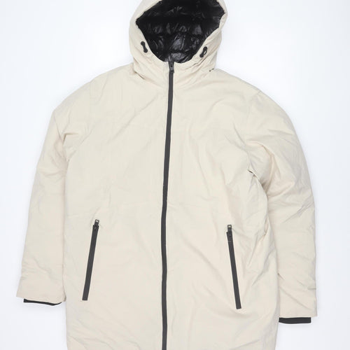 Jack & Jones Men’s Beige Puffer Jacket M Hooded Full Zip Polyester