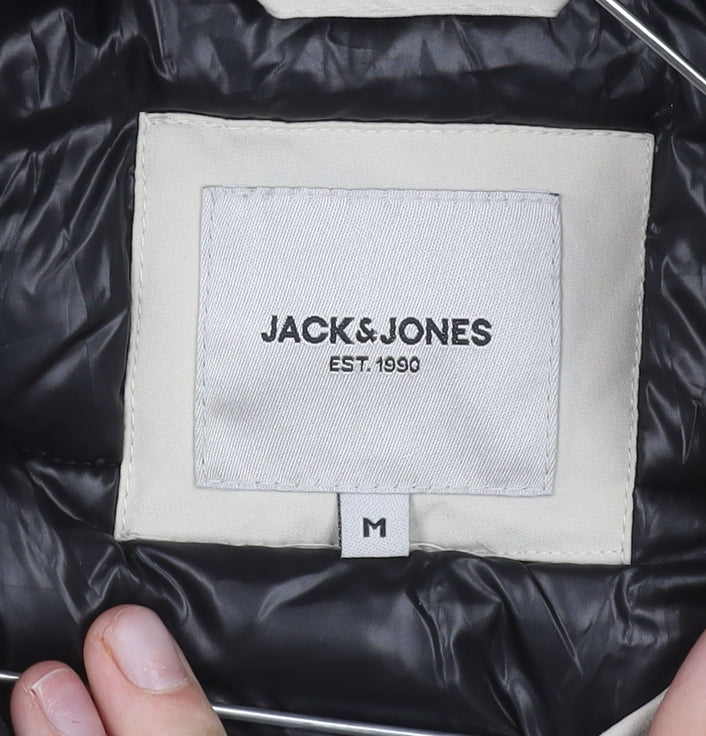 Jack & Jones Men’s Beige Puffer Jacket M Hooded Full Zip Polyester