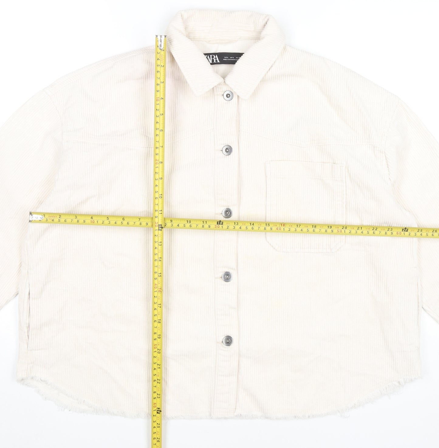 Zara Women Ivory Corduroy Button-Up Shirt Long Sleeve Size L