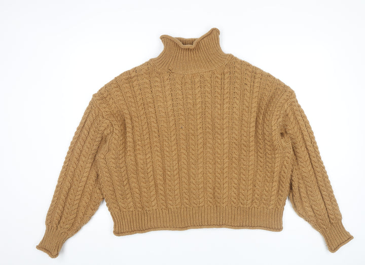 H&M Women’s Brown Cable-Knit Roll Neck Jumper Size L