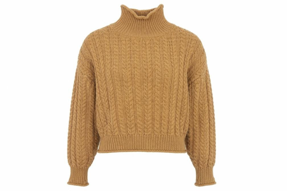Front view of H&M Women’s Brown Cable-Knit Roll Neck Jumper, size L