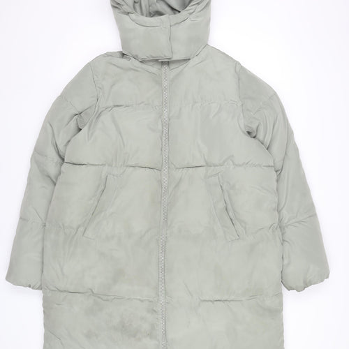 H&M Womens Grey Puffer Coat Size 8 Long Hooded Winter Jacket