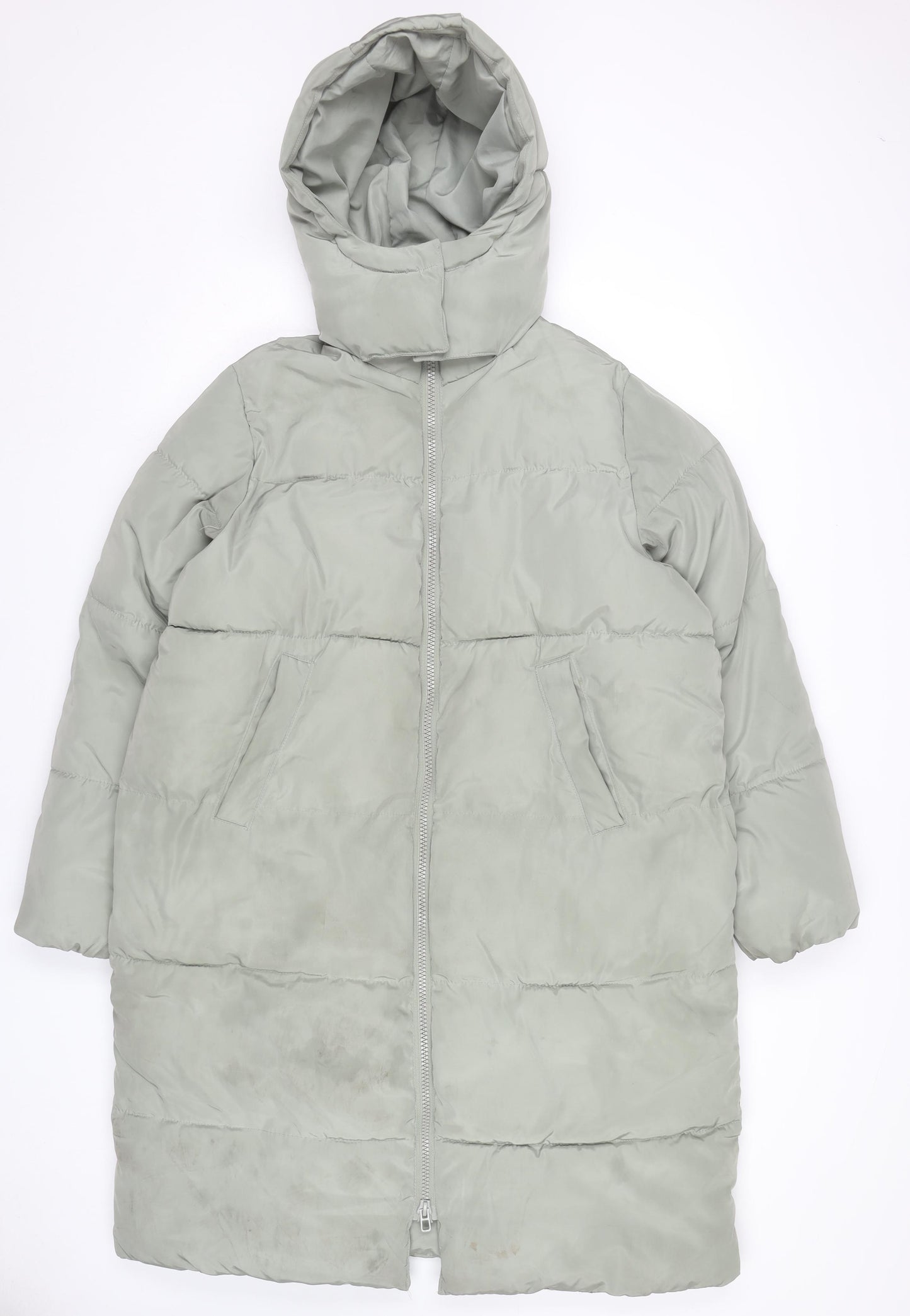 H&M Womens Grey Puffer Coat Size 8 Long Hooded Winter Jacket