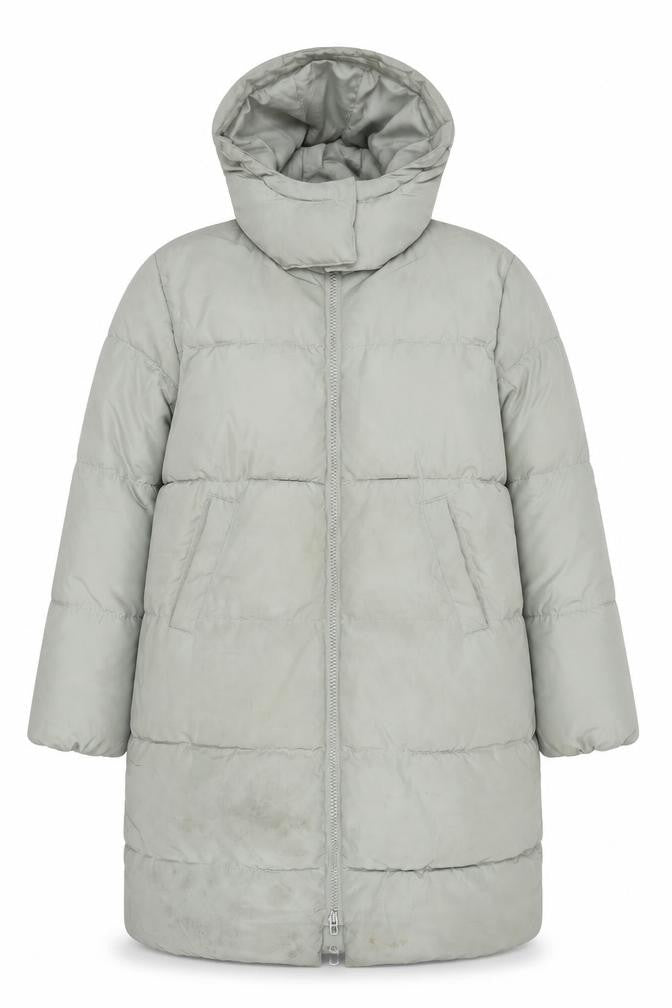 Front view of H&M women’s grey puffer coat, size UK 8, long hooded winter jacket