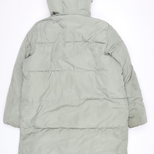 H&M Womens Grey Puffer Coat Size 8 Long Hooded Winter Jacket