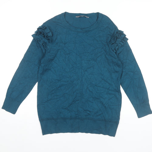 Principles Womens Blue Jumper Size 10 Crew Neck Long Sleeve Ruffle Knit