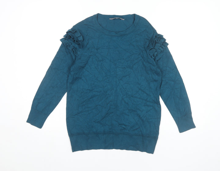 Principles Womens Blue Jumper Size 10 Crew Neck Long Sleeve Ruffle Knit