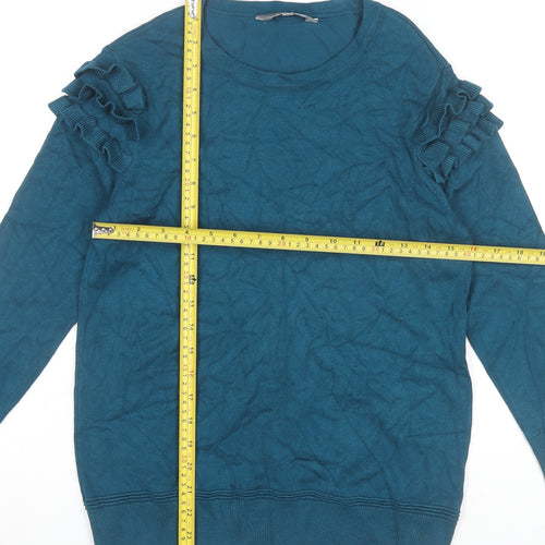 Principles Womens Blue Jumper Size 10 Crew Neck Long Sleeve Ruffle Knit