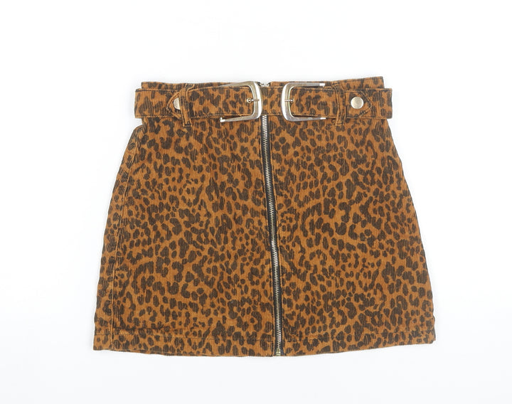 Topshop Women’s Brown Leopard Print Corduroy Skirt UK 8 Short High Waist