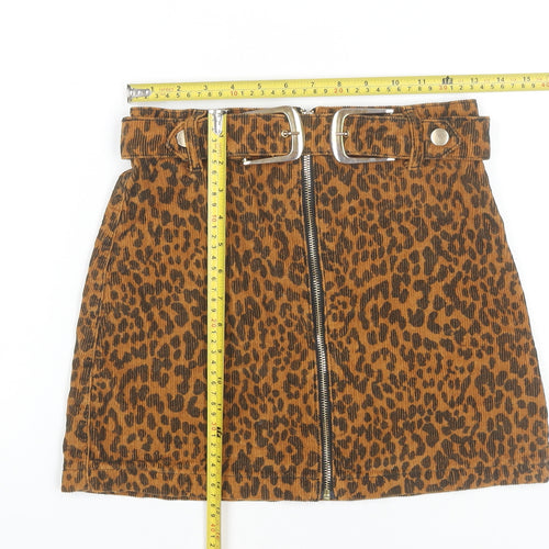 Topshop Women’s Brown Leopard Print Corduroy Skirt UK 8 Short High Waist