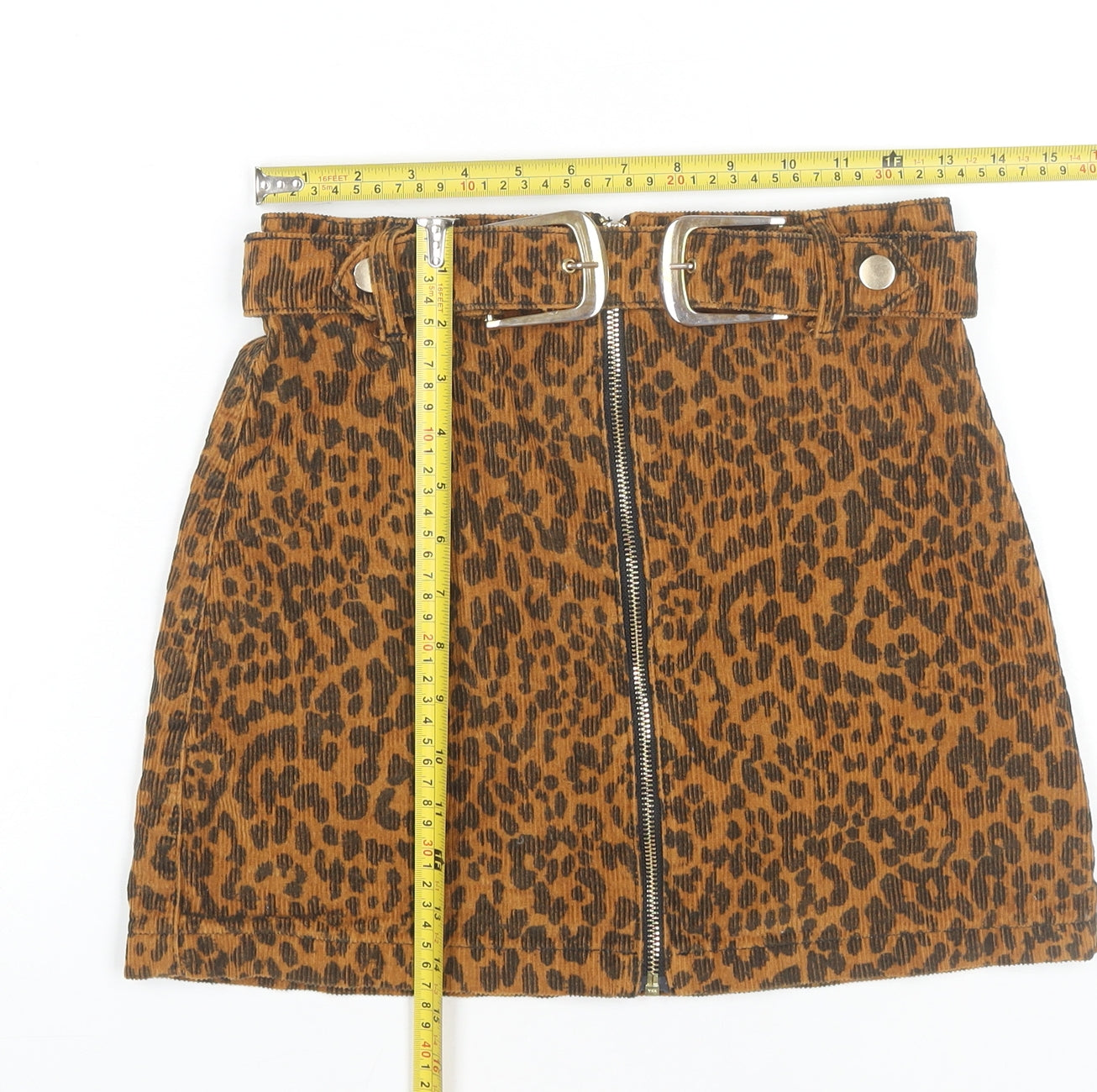 Topshop Women’s Brown Leopard Print Corduroy Skirt UK 8 Short High Waist