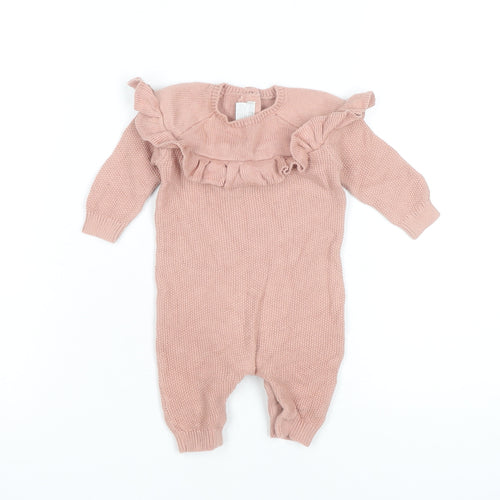 Mamas & Papas Girls Pink 0-3 Months Cotton Knit Ruffle Babygrow