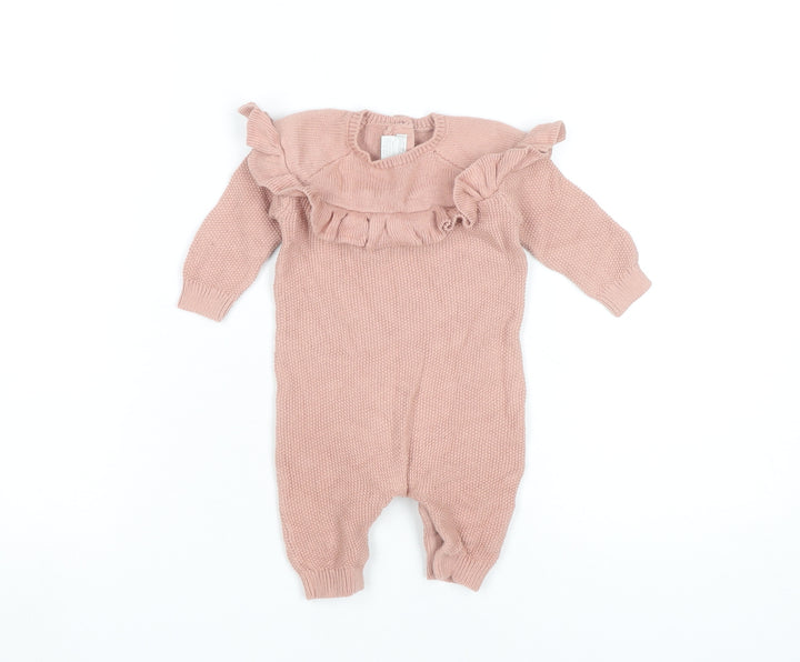 Mamas & Papas Girls Pink 0-3 Months Cotton Knit Ruffle Babygrow