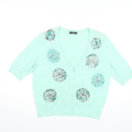 M&Co Womens Green Sequin V-Neck Cardigan Size 14