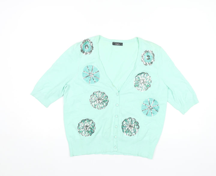 M&Co Womens Green Sequin V-Neck Cardigan Size 14