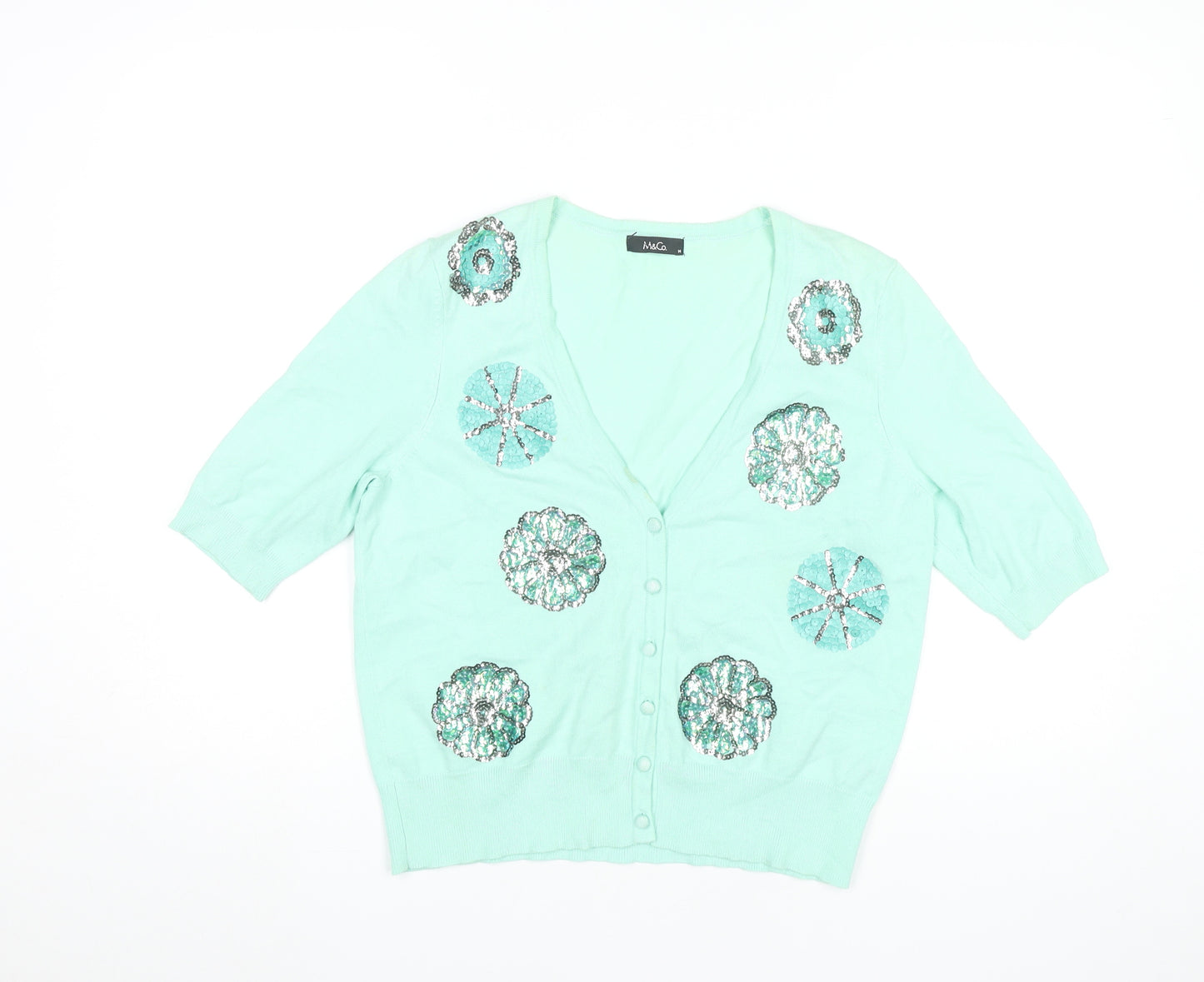 M&Co Womens Green Sequin V-Neck Cardigan Size 14