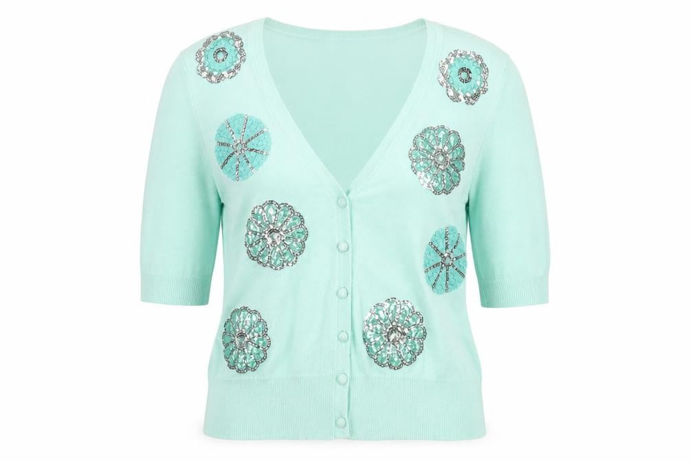 Front view of M&Co women’s green sequin v-neck cardigan, size UK 14