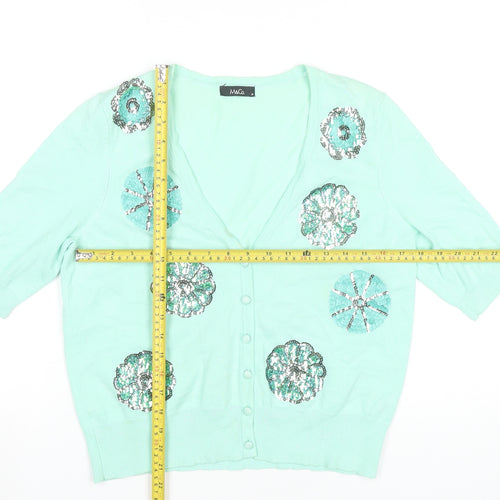 M&Co Womens Green Sequin V-Neck Cardigan Size 14