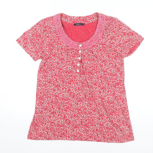 Dash Womens Red Floral Cotton T-Shirt UK 10 Short Sleeve
