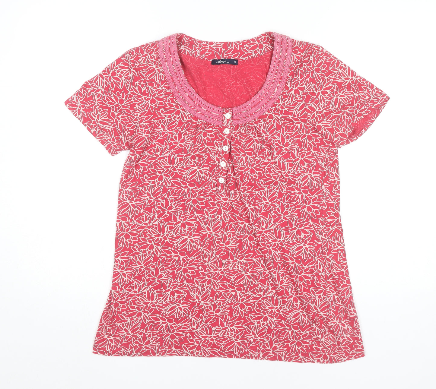 Dash Womens Red Floral Cotton T-Shirt UK 10 Short Sleeve