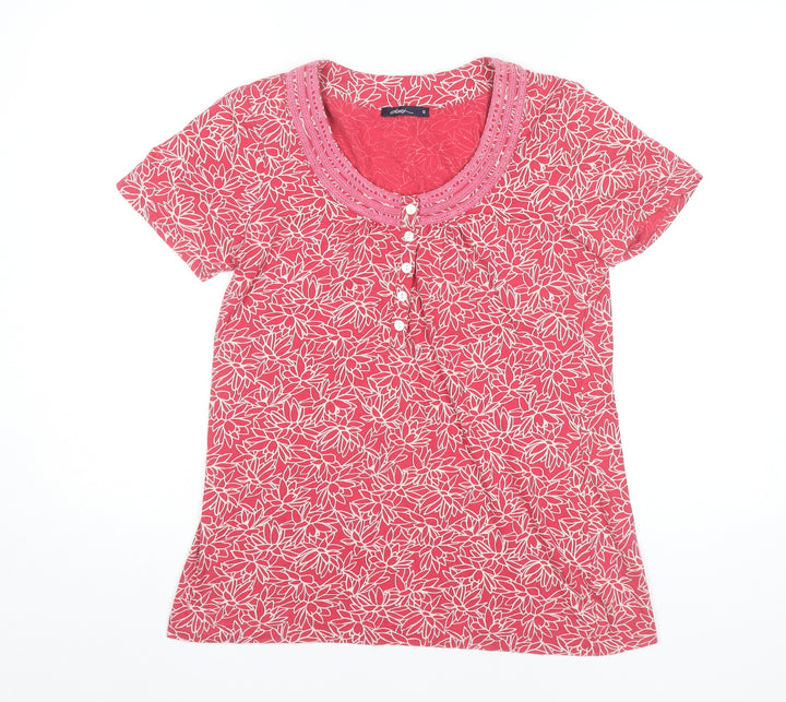Dash Womens Red Floral Cotton T-Shirt UK 10 Short Sleeve