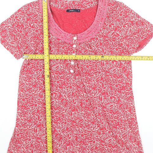 Dash Womens Red Floral Cotton T-Shirt UK 10 Short Sleeve